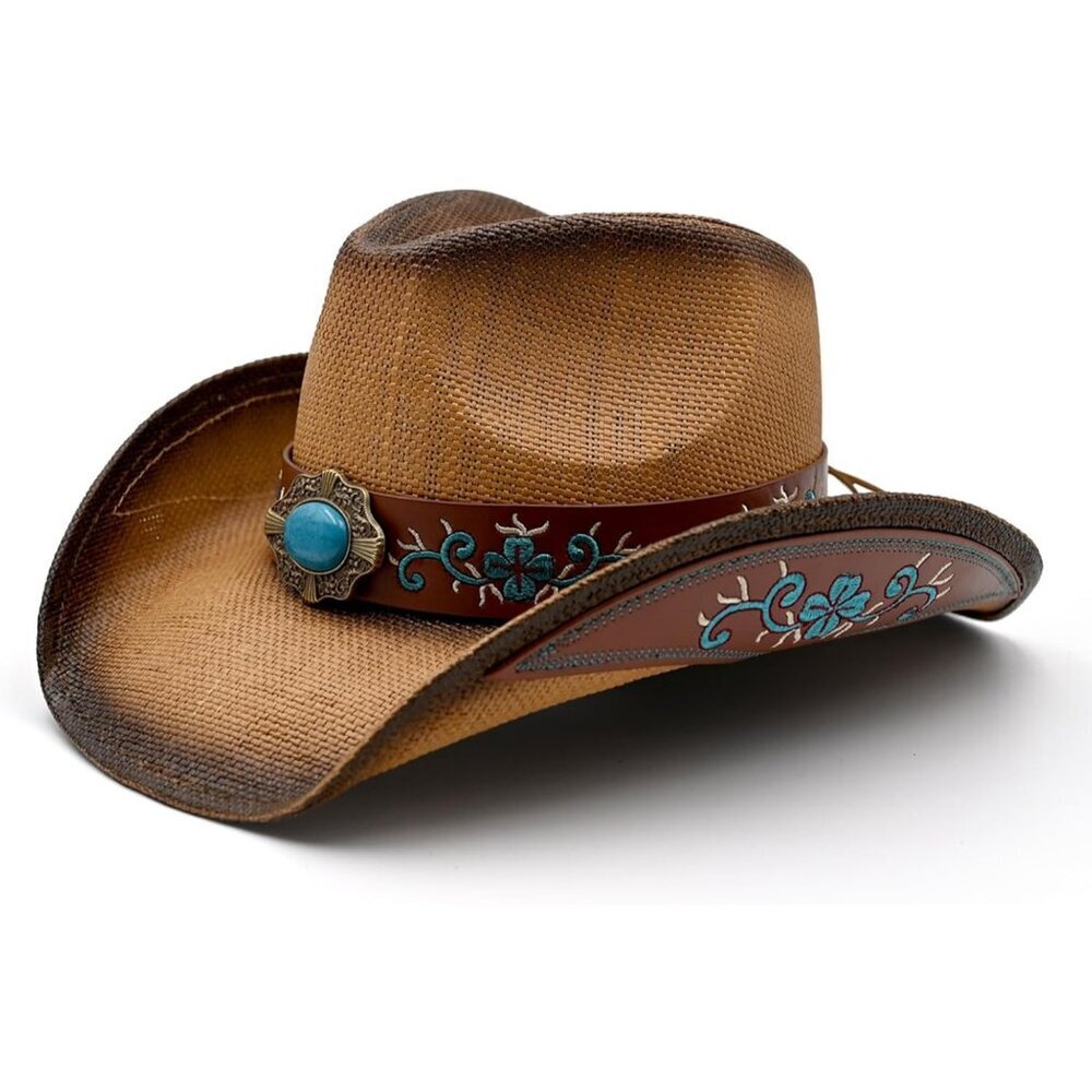 Women's Coffee Straw Cowgirl Woven Western Two Decorative Bands Sun Hat